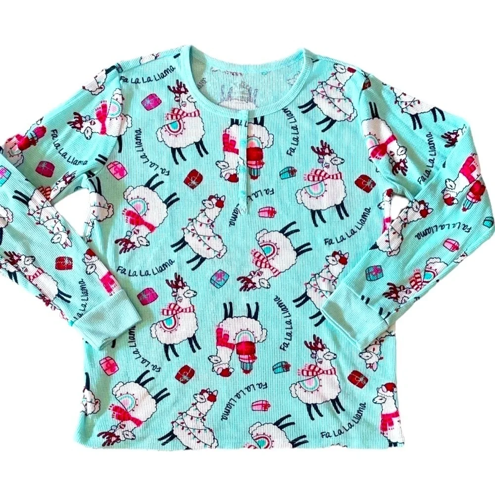 JUSTICE Christmas Llama Long Sleeve Waffle Knit Henley Top